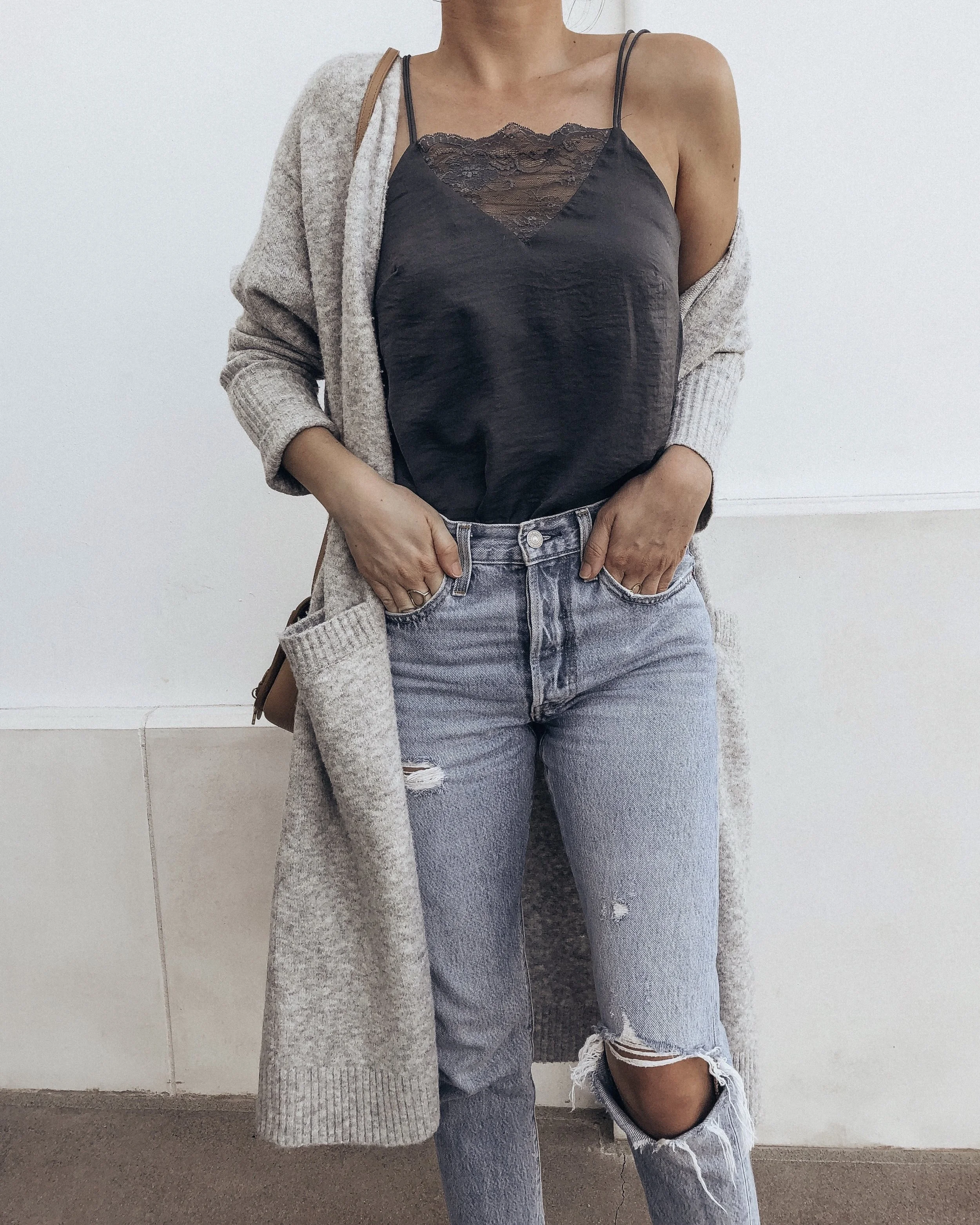 Navy Lace Cami and Grey Cardigan — Tyler Harless